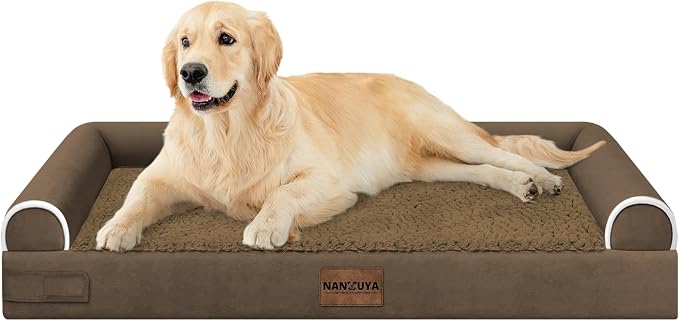NANUYA Orthopedic Dog Bed for Large Dogs, 36 x 27 Inch, Dark Coffee | Egg crate foam for joint support, 3-sided bolster pet sofa, waterproof lining, washable cover, and non-skid base by Nanuya
