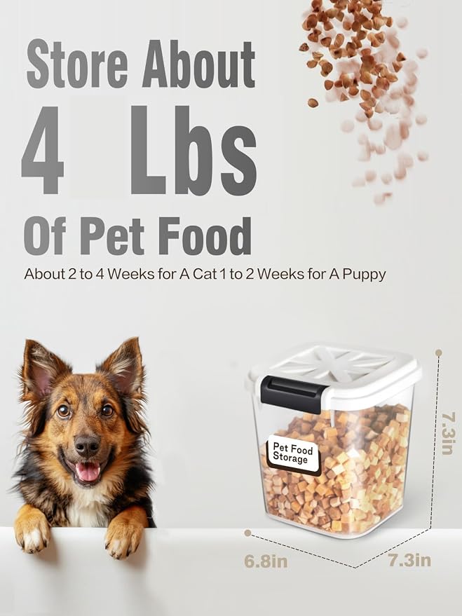 LivLab Mker Pet Food Storage Container, 5 lbs Dog Cat Treat Storage Bin with Lid, Dry Food Storage for Dog Treats, Cat Food, Cereal, Rice, Birds (4 lbs) - White | Airtight snap-lock lid, clear BPA-free body, and measuring cup for dog treats, cat food, ... - Image 2