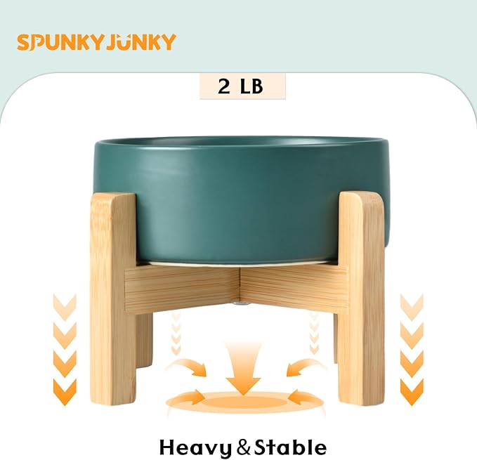 SPUNKYJUNKY Ceramic Elevated Dog Bowls 2 Pack - 6.1inch Raised Dog Bowls with Non-Slip Wooden Stand for Medium Dogs Dishwasher Safe(Green,28.7OZ*2) - Image 6
