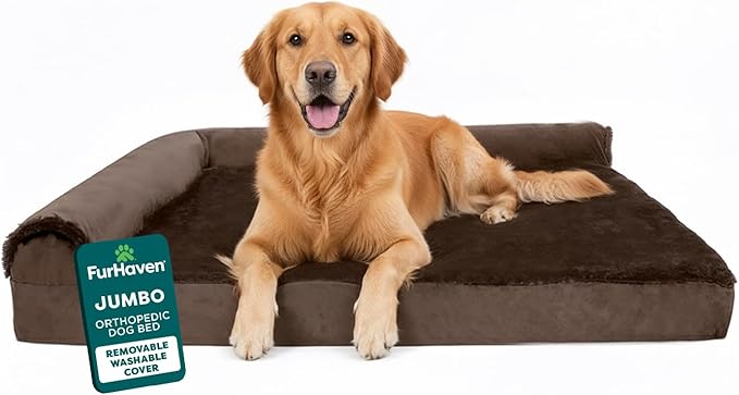FurHaven Orthopedic Dog Bed for Large Dogs, L-Shaped Chaise Mattress, Egg Crate with a Solid Orthopedic Foam Base for Joint Support, Removable Washable Cover, Jumbo XL, Plush & Velvet, Sable Brown by FurHaven