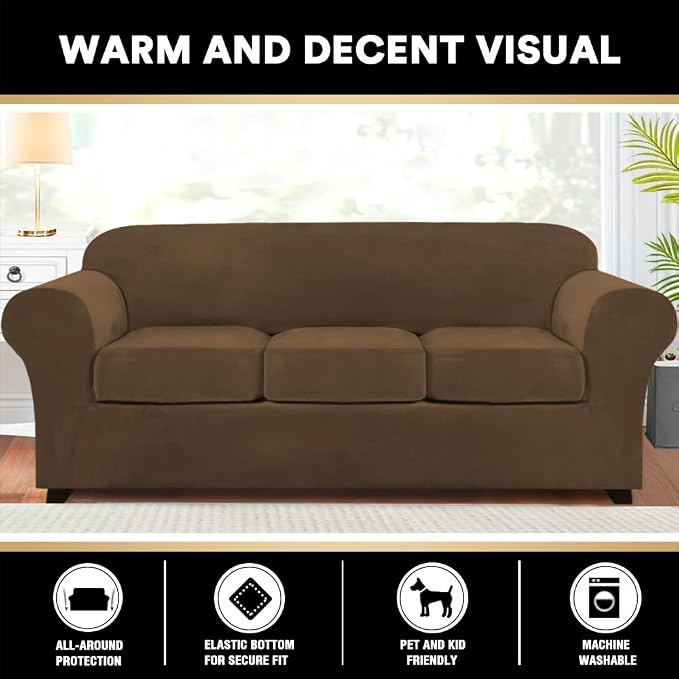 PrinceDeco Velvet Couch Covers for Sofa Soft 4 Pieces Couch Covers for 3 Cushion Couch Sofa Pet Friendly Furniture Protector with Non Slip Elastic Bottom Width Up to 97 Inch(Large Sofas,Bronze Brown) - Image 2