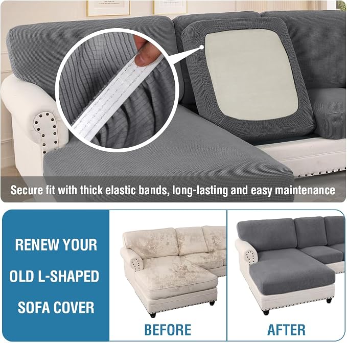 H.VERSAILTEX Sectional Couch Covers 6 Pieces Stretch Sofa Covers for Sectional Sofa Set Separate L Shaped Couch Cover for Both Left/Right Couch (Seat and Back: 1 Chaise + 2 Sofa, Grey) - Image 6