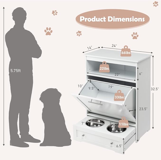 Dog Feeding Station Dogs Food Storage Cabinet Pet Feeder Container with 2 Thick 50oz Stainless Steel Raised Dog Food and Water Bowls, Pet Supply Organizer with Pet Toy Hangers, White - Image 7