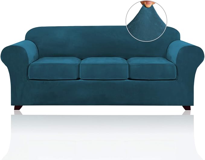 PrinceDeco Velvet Couch Covers for Sofa Soft 4 Pieces Couch Covers for 3 Cushion Couch Sofa Pet Friendly Furniture Protector with Non Slip Elastic Bottom Width Up to 90 Inch(Large, Deep Teal) by PrinceDeco