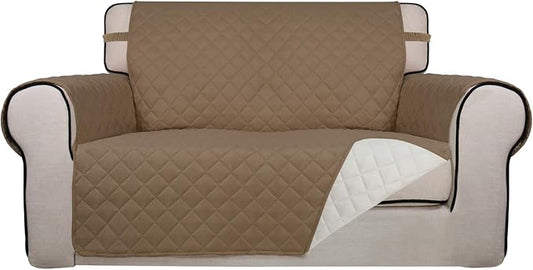 PureFit Reversible Quilted Sofa Cover, Water Resistant Medium Slipcover Furniture Protector, Washable Couch Cover with Non Slip Foam and Elastic Straps for Kids, Dogs, Pets (Loveseat, Camel/Ivory) | Camel/Ivory, Water Resistant Couch Protector, Washabl... by PureFit