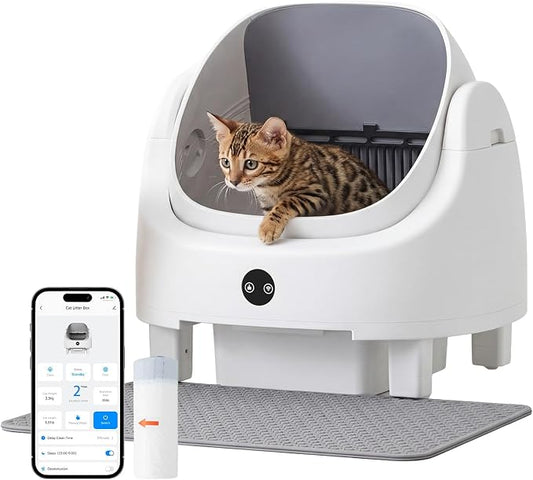 Automatic Litter Box App Control Self Cleaning Litter Box Odor Control＆Safety Protection for Multiple Cats with Garbage Bag, Cat Litter Mat and Fragrance Box, Ivory by Nordivale