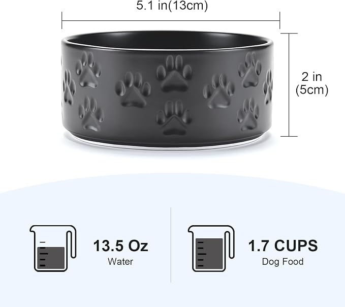 SPUNKYJUNKY Ceramic Dog and Cat Bowls 2 Pack, 5.1'' Dog and Cat Food Water Double Feeding Bowls Non-Slip for Cats and Puppy Small Sized Breed Dogs Microwave Dishwasher Safe - 13.5 OZ, 2pcs, Paw Black - Image 2