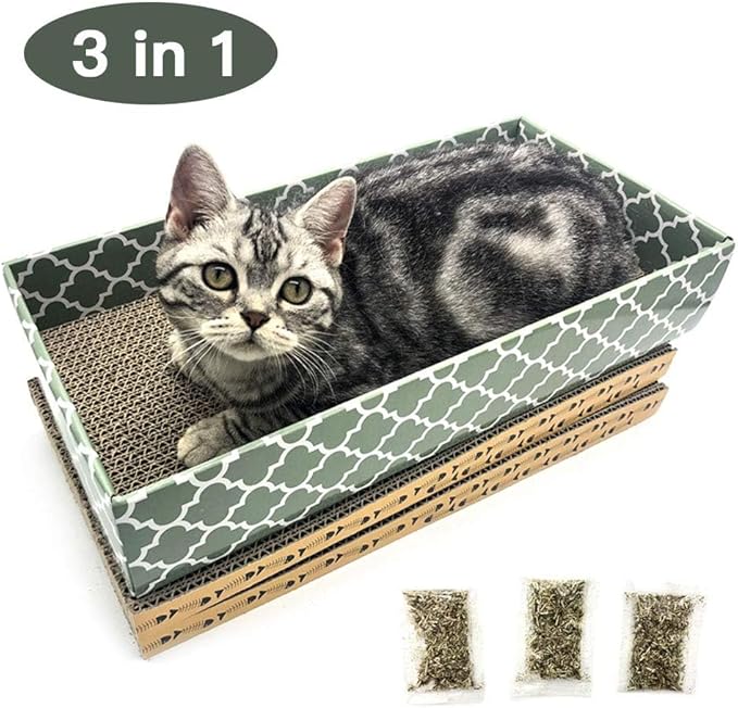 Cat Scratcher Cardboard Scratching Pads Scratch Lounge Bed with Catnip 3PCS Reversible Corrugated Cardboard with Scratch Box - Image 5