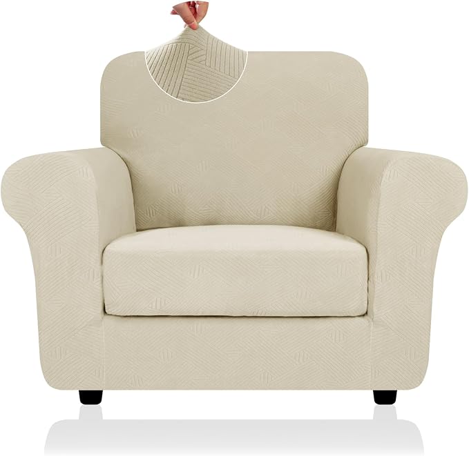 ZNSAYOTX 2 Piece Stretch Chair Covers (31"-46"), Thick Striped Armchair Slipcover with Elastic Band Bottom Ties Non-Slip Stay in Place, Soft Durable Arm Chair Covers for Living Room, Khaki by ZNSAYOTX