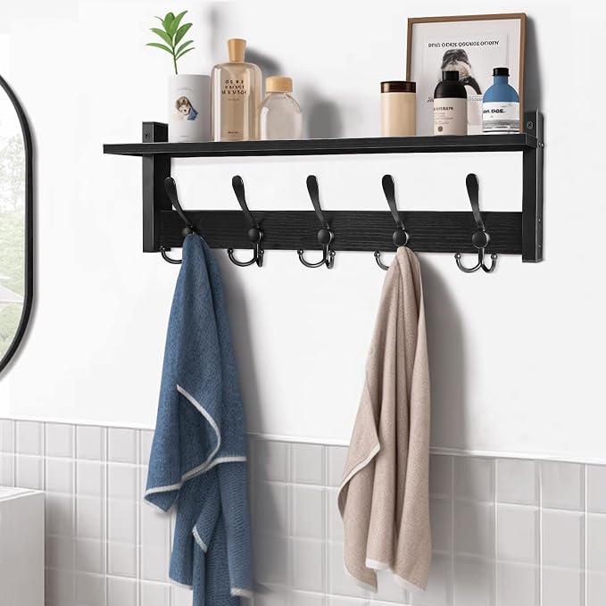 Homode Coat Rack with Shelf, 24" Coat Hooks Wall Mounted with Shelf | Wooden Hanging Coat Hanger with Tri Hooks for Entryway, Bathroom, Mudroom, Bedroom, Black - Image 6