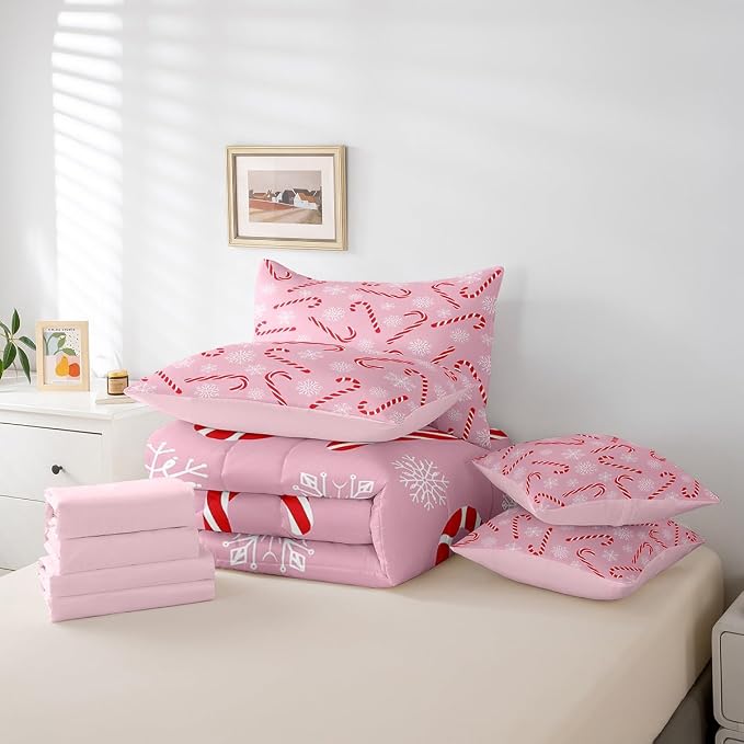 Erosebridal Xmas Candy Cane Full Bedding Set 7 Piece,Merry Christmas Bed in A Bag for Kids Boys Girls,White Snowflake Comforter Set Pink Christmas Ornaments Sheet Set with Comforter - Image 6