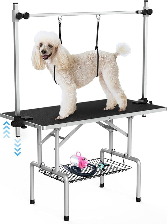 Lyromix 42'' Foldable Dog Grooming Table with Arms/Nooses/Mesh Tray, Black | Stainless Steel Grooming Table for Dogs at Home, Adjustable Pet Bathing Station, Non-Slip Waterproof Tabletop, Capacity 330Lb by Lyromix