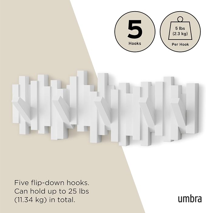 Umbra Sticks Wall Mount Coat Rack, 5 Hook Retractable Pegs, White | Mounting hardware included, sculptural modern design, entryway or bedroom use, recycled plastic - Image 5