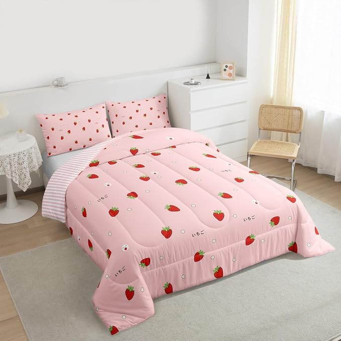 Erosebridal Cute Strawberry Comforter Set Queen Kawaii Japanese Bedding Set, Red Reversible Soft Sweet Cartoon Fruit Duvet Set for Girls Kids Gift Pink Warm Down Comforter Room Decor - Image 3