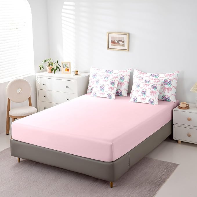 Erosebridal 7 Piece Girls Pink Bowknot Full Bedding Set,Kawaii Rainbow Unicorn Kids Comforter Set for Teens,Dreamy Princess Style Quilt,Girly Unicorn Bow Tie Sheet Set with Comforter - Image 5