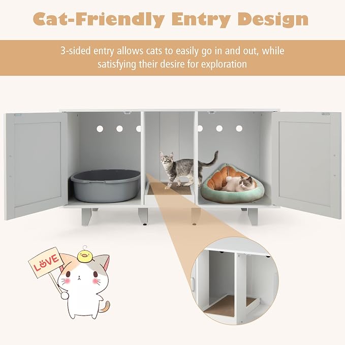 Tangkula Double Cat Litter Box Enclosure for 2 Cats, Large Stackable Hidden Privacy Cat Washroom Cabinet with Scratching Board, Indoor Cat House TV Stand Side Table, Litter Box Furniture (Grey) - Image 7