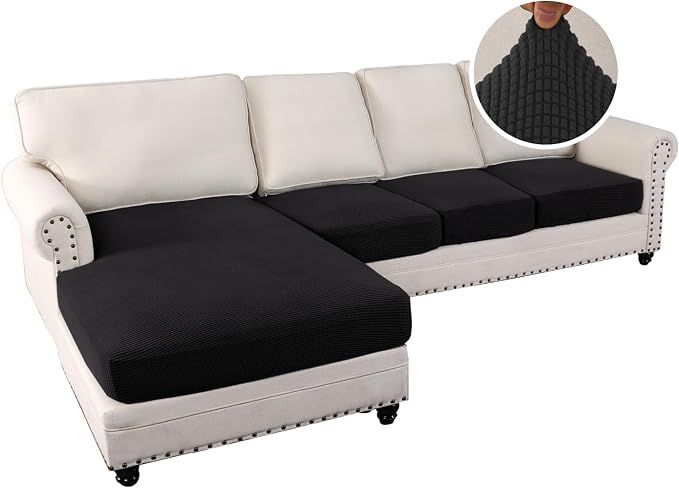 H.VERSAILTEX Sectional Couch Covers 4 Pieces Sofa Seat Cushion Covers L Shape Separate Cushion Couch Chaise Cover for Both Left/Right Sectional Couch (Seat Only: 1 Chaise + 3 Sofa, Black) - Image 2