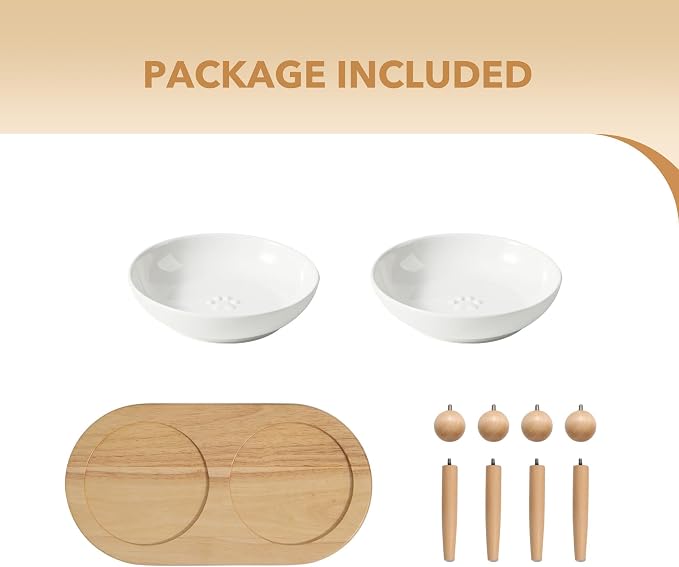 Havniva Elevated Cat Bowls, Raised Ceramic Cat Bowl with Stand, Two Heights | Cat Food & Water Bowl Set, Whisker Friendly, 5.6” Raised Cat Dishes, Shallow Cat Plate, Non-slip Wood Stand, Kitten Food Bowl - Image 6