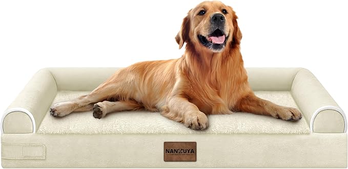 NANUYA Orthopedic Dog Bed for X-Large Dogs, 40 x 32 Inch, Beige | Egg crate foam for joint support, 3-sided bolster pet sofa, waterproof lining, washable cover, and non-skid base by Nanuya