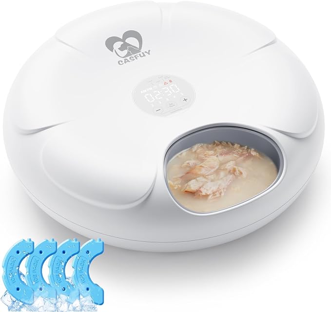 Casfuy Automatic Cat Feeder Cordless - Automatic Cat Food Dispenser for Wet Moist Food with 4 Ice Packs Rechargeable Auto Feeder for Cats Small Dogs with Programmable Timer Low Battery Indicator by casfuy
