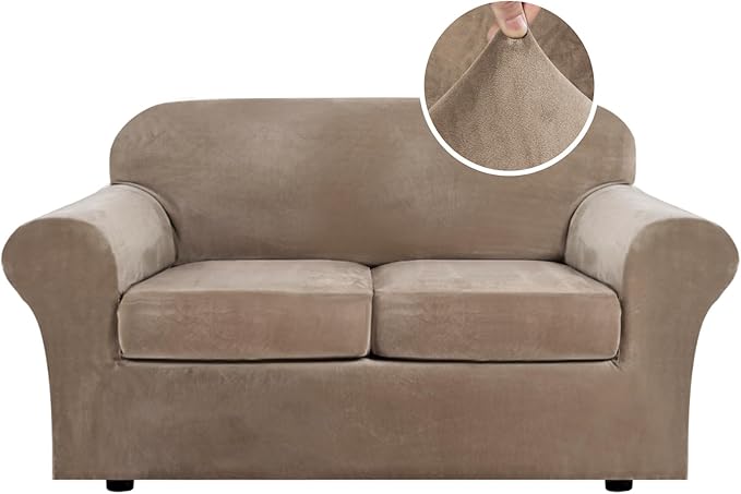 H.VERSAILTEX Real Velvet Plush 3 Piece Stretch Sofa Covers Couch Covers for 2 Cushion Couch Loveseat Covers Width Up to 72 Inch Feature Thick Soft Stay in Place (Medium Sofa, Camel) by HVERSAILTEX