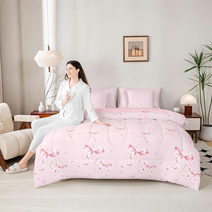 Erosebridal Girly Bowknot King Comforter Set for Girls Pink Bow 7 Piece Bedding Set Coquette Room Decor Dreamy Ribbon Bow Knot Princess Quilt Watercolor Aesthetic Bowtie Sheet Set with Comforter - Image 4