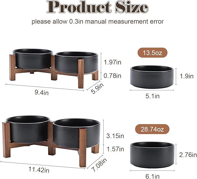 SPUNKYJUNKY Ceramic Dog Bowls with Acacia Wood Stand - Raised Dog Food and Water Bowl Set for Small Dogs (13.52 OZ, Black) - Image 2