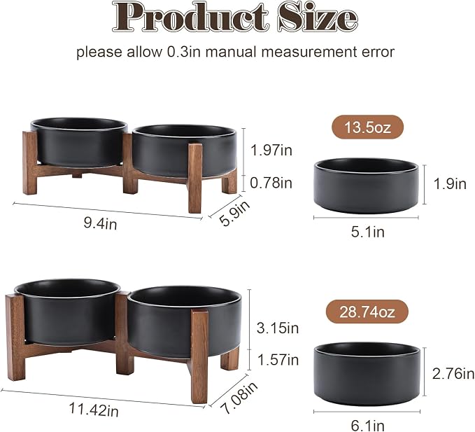 SPUNKYJUNKY Ceramic Dog Bowls with Acacia Wood Stand - Raised Dog Food and Water Bowl Set for Medium Dogs (28.74 OZ, Black) - Image 2