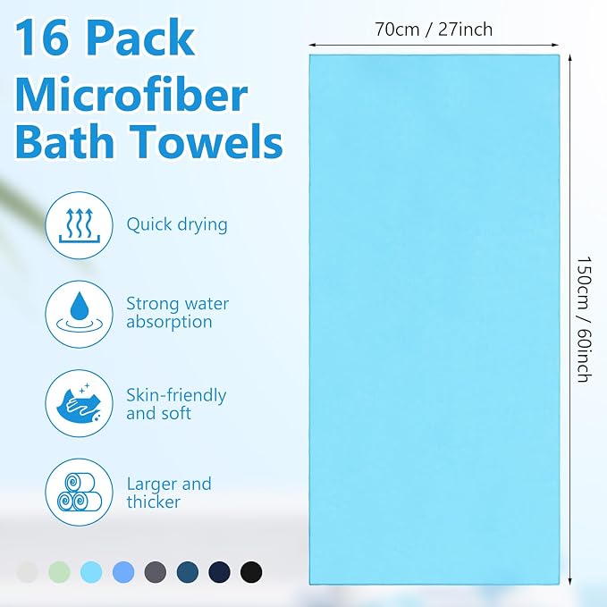 SmoothNovelty 16 Pack Microfiber Bath Towels Bulk 27'' x 60'' Oversized Beach Towel Highly Absorbent Extra Large Soft Drying for Shower Pool Salon Sauna Bathroom Gym Party (Simple,Multicolor) - Image 2