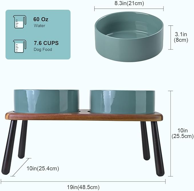 SPUNKYJUNKY Ceramic Elevated Dog Bowls Raised with Acacia Bamboo Wooden Stand, 8.3'' Dog Food Water Bowls Set Non-Slip for Medium Large Sized Breed Microwave Dishwasher Safe - 60 OZ,Dark Green - Image 2