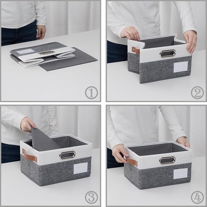PRANDOM Foldable Storage Bins with Handles [3-Pack] Fabric Collapsible Storage Boxes Baskets Cubes Containers with Handles for Closet Living Room Bedroom (Grey & White 11.5x8.5x6.7'') - Image 5