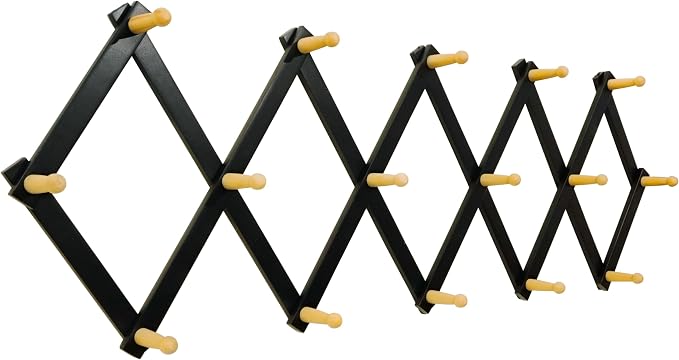 SKOLOO Accordion Wall Hanger with 16 Hooks, Modern Expandable Coat Rack Hat Rack for Wall, Solid Wooden, Natural on Black by SKOLOO