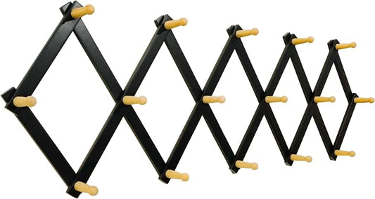 SKOLOO Accordion Wall Hanger with 16 Hooks, Modern Expandable Coat Rack Hat Rack for Wall, Solid Wooden, Natural on Black by SKOLOO