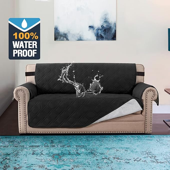 H.VERSAILTEX 100% Waterproof Sofa Slipcover Washable Loveseat Cover for 2 Cushion Cover Non-Slip Furniture Protector with Puppy Paw Silicone Backing Couch Cover for Pets Dogs (Loveseat, Black) - Image 2