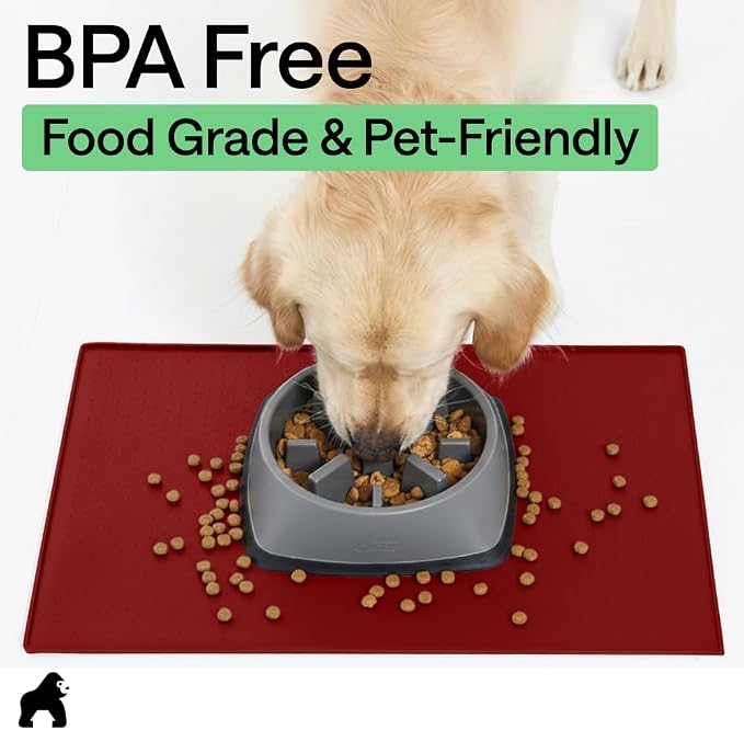 GORILLA GRIP 100% Waterproof Raised Edge BPA Free Silicone Pet Feeding Mat, Dog Cat Food Mats Contain Spills Protects Floors, Placemats for Cats and Dogs Water Bowl, Pets Accessories 32x24 Red - Image 8