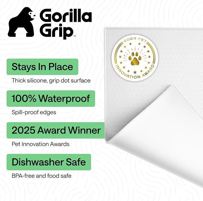GORILLA GRIP 100% Waterproof Raised Edge BPA Free Silicone Pet Feeding Mat, Dog Cat Food Mats Contain Spills Protects Floors, Placemats for Cats and Dogs Water Bowl, Pets Accessories 26x17 White - Image 2