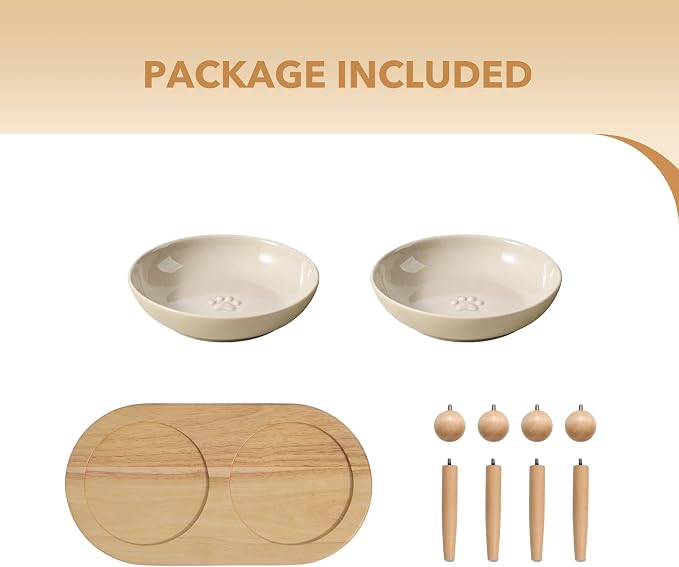 Havniva Elevated Cat Bowls, Raised Ceramic Cat Bowl with Stand, Two Heights | Cat Food & Water Bowl Set, Whisker Friendly, 5.6” Raised Cat Dishes, Shallow Cat Plate, Non-slip Wood Stand, Kitten Food Bowl - Image 5