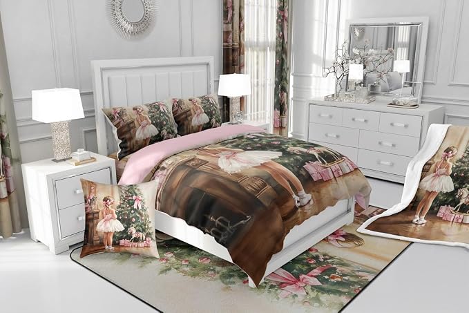 Manfei Christmas Ballet Girl Comforter Set King Size,Xmas Gifts Pine Tree Jingle Bell Bedding Set 3 Pcs for Adults,Princess Style Pink Bowknot Unicorn Down Comforter,2 Pillowcases - Image 6