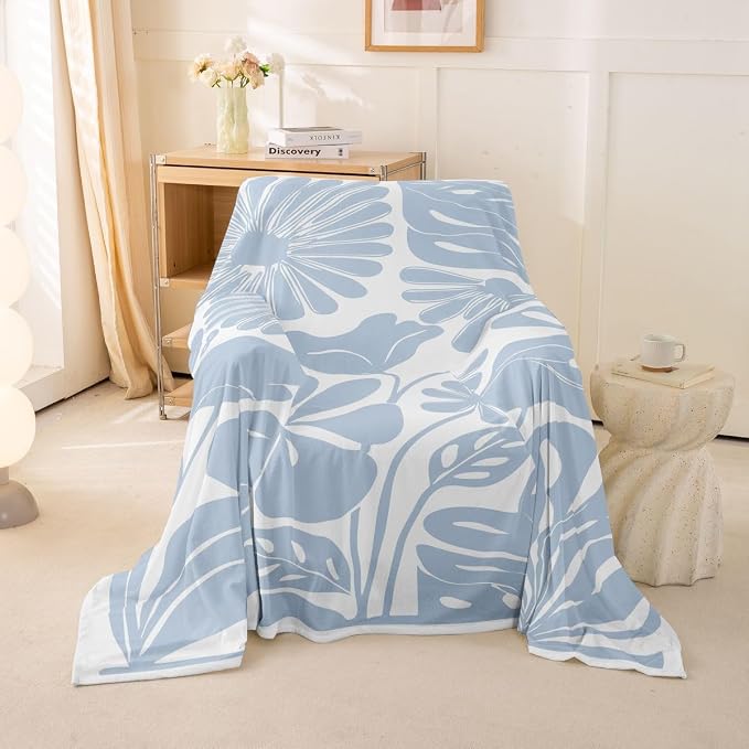 Erosebridal Light Blue Flower Couch Cover Retro Aesthetic Floral Sofa Cover Minimalist Vintage Art Sofa Protector 71" X 91" 70S Modern Abstract Washable Non Slip Couch Protector for Pets, Kids, Dog - Image 2