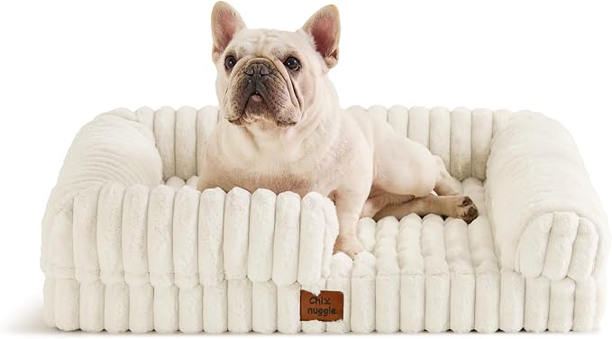 ChiXnuggle Faux Fur Orthopedic Dog Bolster Bed, Waterproof Washable Cover | rectangular dog sofa couch,egg crate foam,non-slip bottom,for small medium dogs,cream,30*24*7,puppy bed by SnuggleUpPawsDown