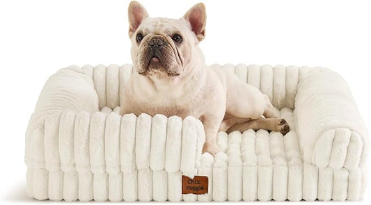 ChiXnuggle Faux Fur Orthopedic Dog Bolster Bed, Waterproof Washable Cover | rectangular dog sofa couch,egg crate foam,non-slip bottom,for small medium dogs,cream,30*24*7,puppy bed by SnuggleUpPawsDown
