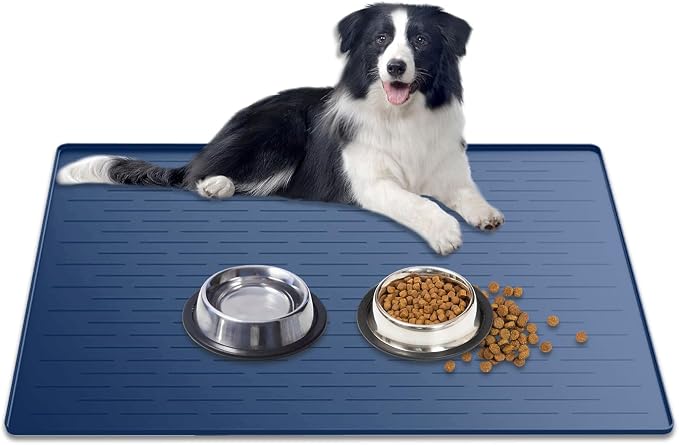 Large Dog Mat for Food and Water, 31.8"x23.8" Silicone Pet Feeding Mats, Waterproof Dog Bowl Mat with High Edges to Prevent Water and Food Spills, Dark Blue by Goldleaf