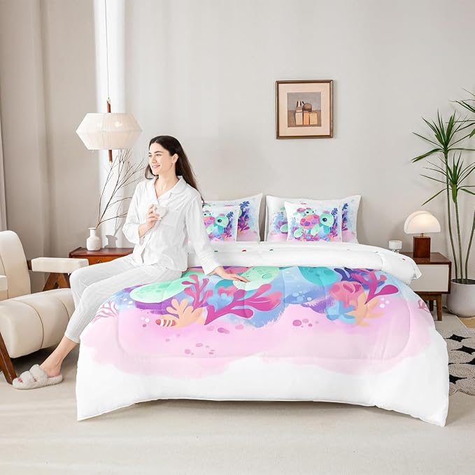 Erosebridal Kawaii Turtle King Size 7-Piece Bedding Set for Home, Ocean Animal Tortoise Bed in A Bag, Watercolour Coral Comforter Set with Sheets, Dreamy Aesthetic Bedding Comforter Sets - Image 6