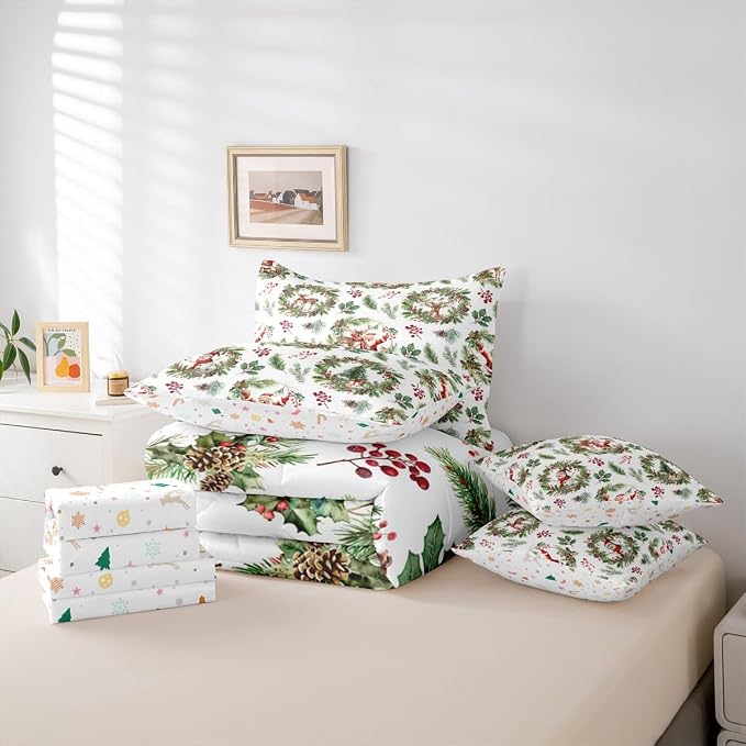Erosebridal Kids Xmas Santa Claus Bedding Set Queen Xmas Elk Deer Comforter Set 7 Piece Woodland Pine Berry Bed in A Bag for Kids Adults Green Christmas Decoration Quilt with Flat Fitted Sheet - Image 6