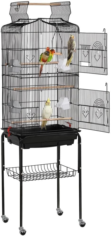 Yaheetech 64'' Open Top Bird Cage for Parakeets & Cockatiels, Black | Detachable Rolling Stand, Easy-clean Slide Tray, Multi-door Access, 3/8" Bar Spacing, Indoor/Outdoor Use by Unknown