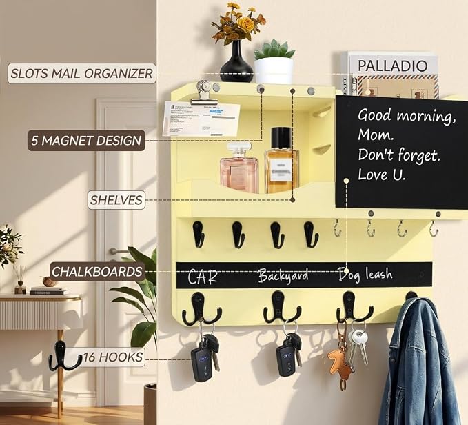 Key Holder for Wall Mount with Shelf and Mail Organizer, Key and Mail Holder with 16 Hooks, Farmhouse Entryway Organizer, Home Decor Rack(Pine Wood,Ivory Yellow) - Image 6