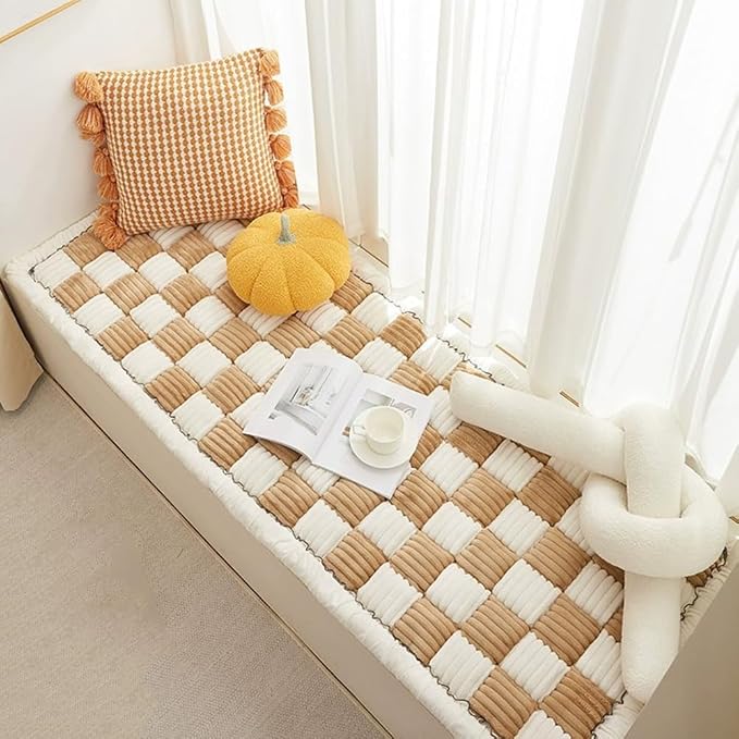 Fluffy Couch Cover for Pets - Large Cream-Coloured Fuzzy Plaid Square Pet Mat Bed Couch Cover Protector - Bay Window Cushion Bedside Carpet (Khaki, 23.6 * 23.6in) - Image 5