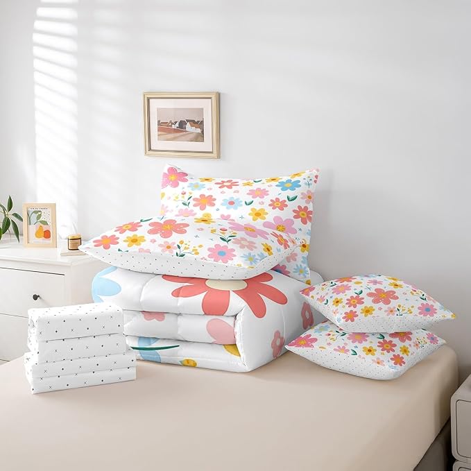 Feelyou Cute Flower 7 Piece Bedding Set Full Size Kids Cartoon Cute Floral Bed in a Bag for Kids Girls Teens Toddler Yellow Pink Comforter Set with Sheets Kawaii Bed Set - Image 6
