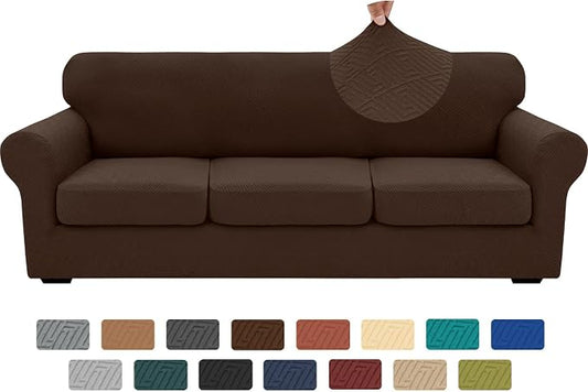 XINEAGE 2026 New 4 Pieces Extra Large Couch Covers for 3 Cushion Sofa Super Stretch Sofa Cover for 3 Large Seat Cushion Universal Fitted Slip Cover for Living Room (Coffee), 91"-110"(3 Cushions) by XINEAGE