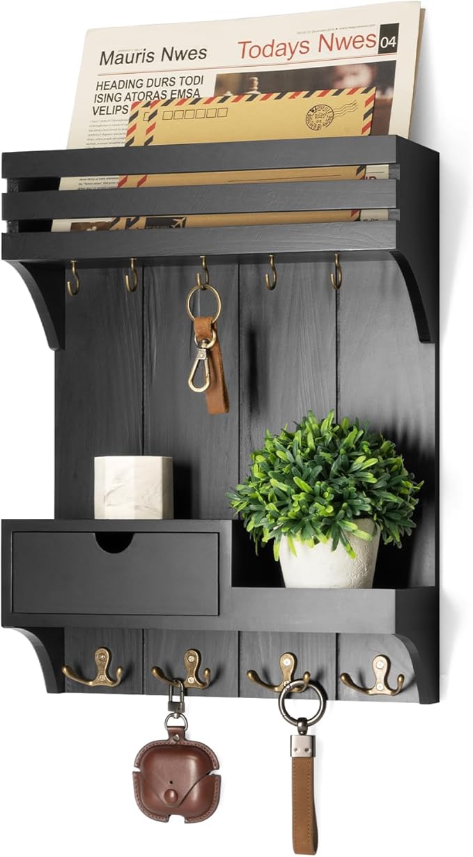 Rebee Vision Key Holder Wall Mount with 9 Key Hooks for Home Decor, Black | Sturdy Wood, Key Holder for Wall, Mail Sorter, Floating Wall Shelf, Drawer Organizer, Key Hanger Room Decor Aesthetic by REBEEVISION